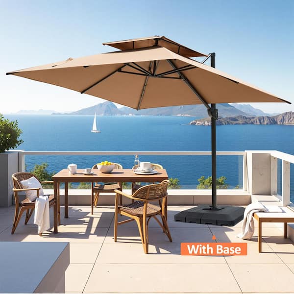 Pellebant 10 ft. Square 2-Tier Aluminum Outdoor 360° Rotation Tilt Cantilever Patio Umbrella in Tan with 240 lbs. Fillable Stand