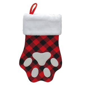 15.5 in. Red and Black Buffalo Plaid Polyester Pet Embroidered Christmas Stocking