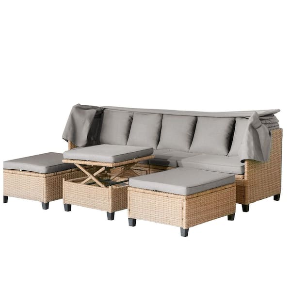4-Piece Wicker Patio Conversation Set with Brown Cushions, Retractable Canopy and Lifting Table