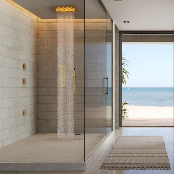 Aurora 20 in. Mood Light Quadruple Handles 15-Spray Shower Faucet 2.5 GPM with LED Bluetooth Anti Scald in Brushed Gold