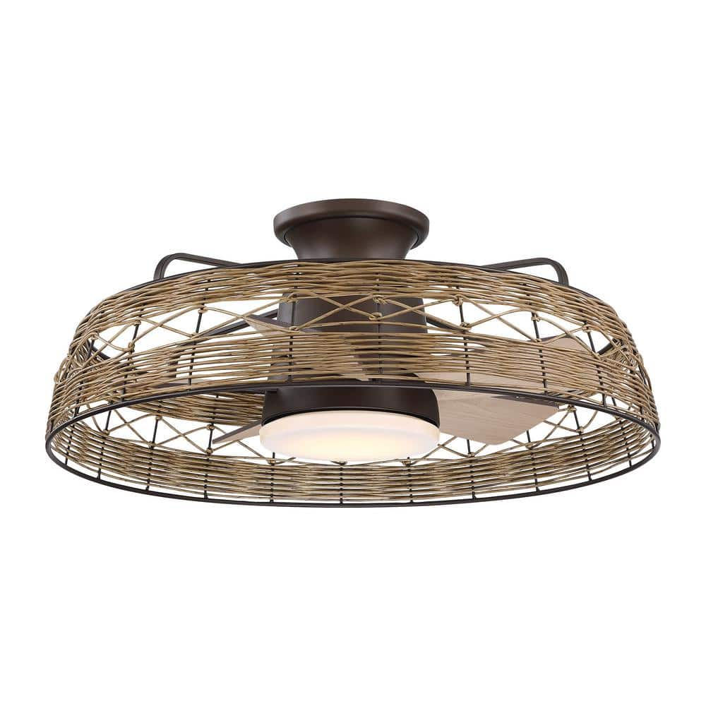 27.4 in. Farmhouse Indoor Bronze Flush Mount Ceiling Fan with Soft White Integrated LED Light, Remote and Rattan Shade