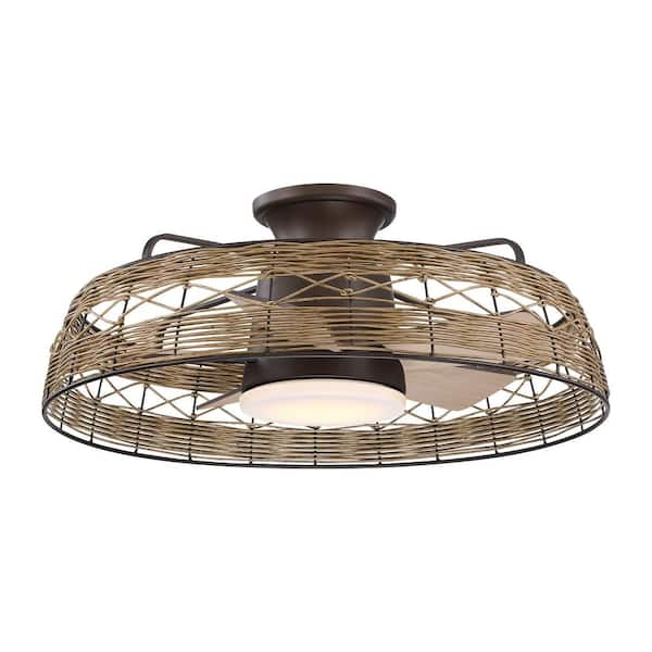 27.4 in. Farmhouse Indoor Bronze Flush Mount Ceiling Fan with Soft White Integrated LED Light, Remote and Rattan Shade