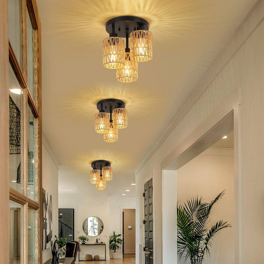 9.8 in. 3-Light Brown Rattan Semi Flush Mount Light Fixture with Hand-woven Rattan Shade Dimming Function price history on PriceWatchPro