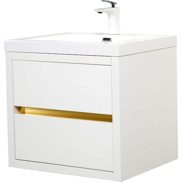 24 in. Single Sink Floating White Bath Vanity with White Resin Top (Assembled), Soft Close Drawers, U-shape Drair