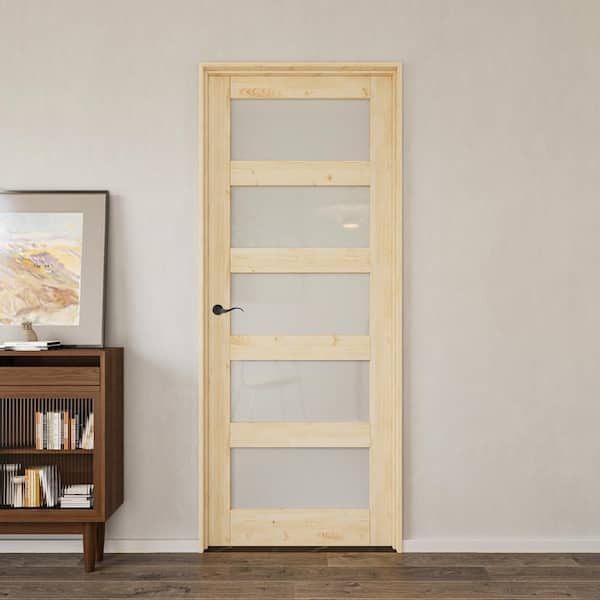 36 in. x 80 in. 5-Lite Frosted Glass Right Unfinished Pine Wood Single Interior Door with Quick Assemble Jamb