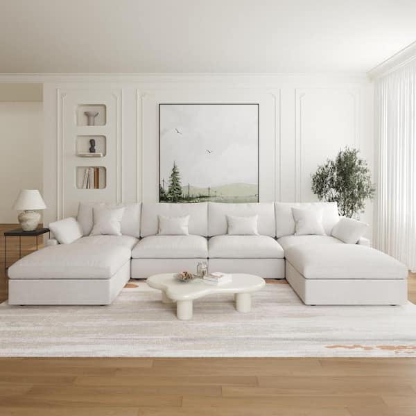 6-Piece Linen U-Shaped Sectional Sofa Living Room Set Modular Free Combination Couch White with Storage Ottoman