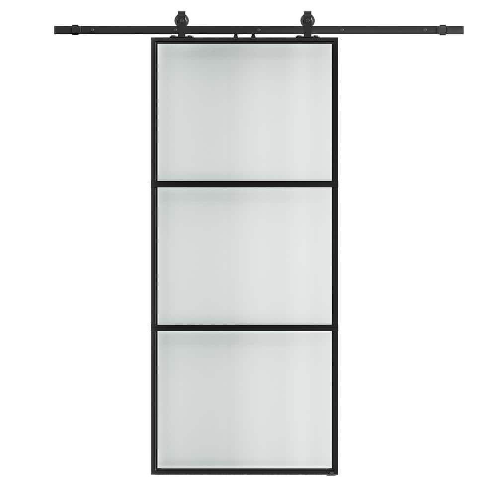 32 in. W. x 84 in. Full-lite Tempered Frosted Glass Black Metal Frame Inter