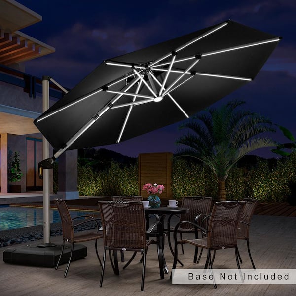 PURPLE LEAF 11 ft. Octagon Solar powered LED Patio Umbrella Outdoor Round Large Cantilever Umbrella Heavy Duty Sun Umbrella in Black
