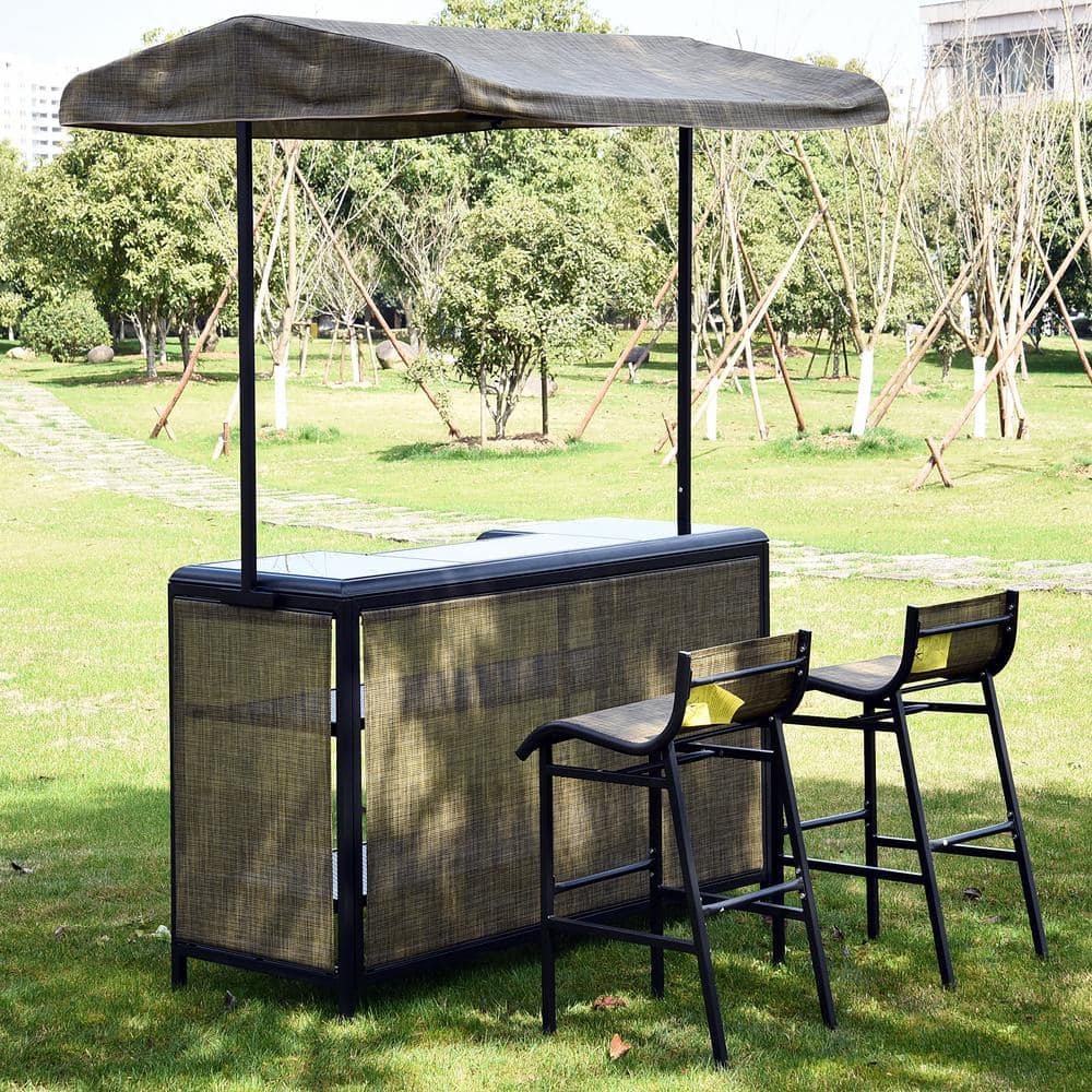 Taupe and Greige 3-Piece Outdoor Bar Set with Canopy and Storage