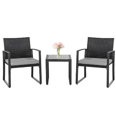 3-Piece Rattan Wicker Patio Conversation Set Bistro Furniture Set 2 Chairs, Glass Side Table with Grey Cushions