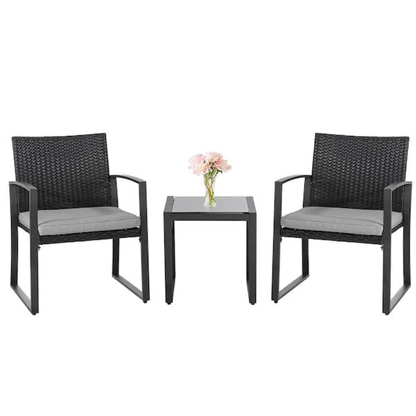Celebalcony 3-Piece Rattan Wicker Patio Conversation Set Bistro Furniture Set 2 Chairs, Glass Side Table with Grey Cushions