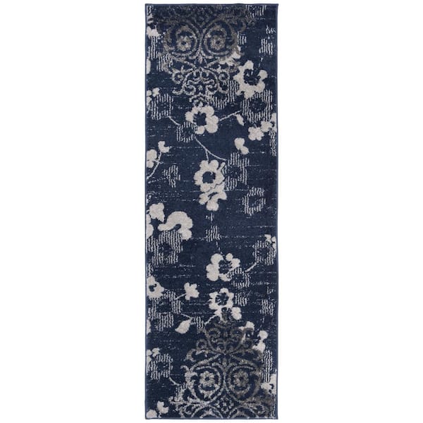 SAFAVIEH Adirondack Navy/Silver 3 ft. x 8 ft. Floral Runner Rug