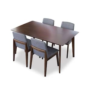 Abbas 5-Piece Rectangular Walnut Solid Wood Top Dining Set with 4 Fabric Levi Dining Chairs in Dark Gray