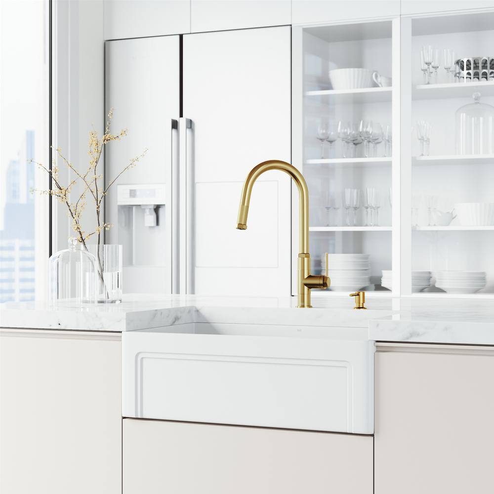 Matte Brushed Gold 18" Stainless Steel Pull-Down Kitchen Faucet with Soap Dispenser