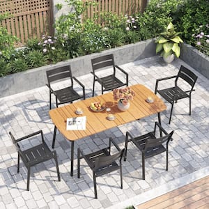 70.86 in. Rectangular Round Corner Aluminum Outdoor Patio Dining Table with Wood-Like Tabletop in Brown