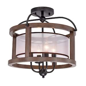 Irene 18.1 in. 4-Light Antique Black Metal Natural Wood Drum Flush Mount with Fabric Shade