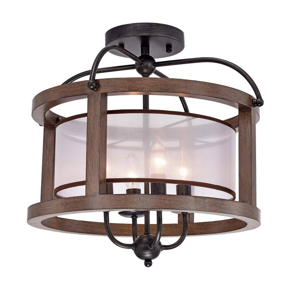 Irene 18.1 in. 4-Light Antique Black Metal Natural Wood Drum Flush Mount with Fabric Shade price history on PriceWatchPro