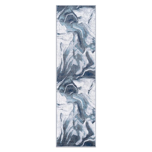 Abstract Wave Blue 2 ft. x 7 ft. Contemporary Runner Rug