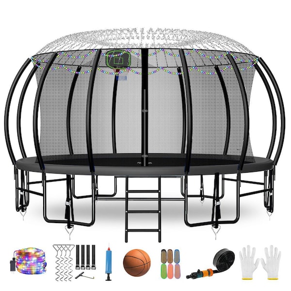 16ft. Round Backyard Trampoline With Basketball Hoop, Safety Enclosure, Sprinkler, Lights, Socks and Wind Stakes