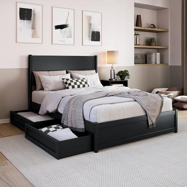 Ronan Black Wood Frame Full Platform Bed with Footboard and Storage Drawers