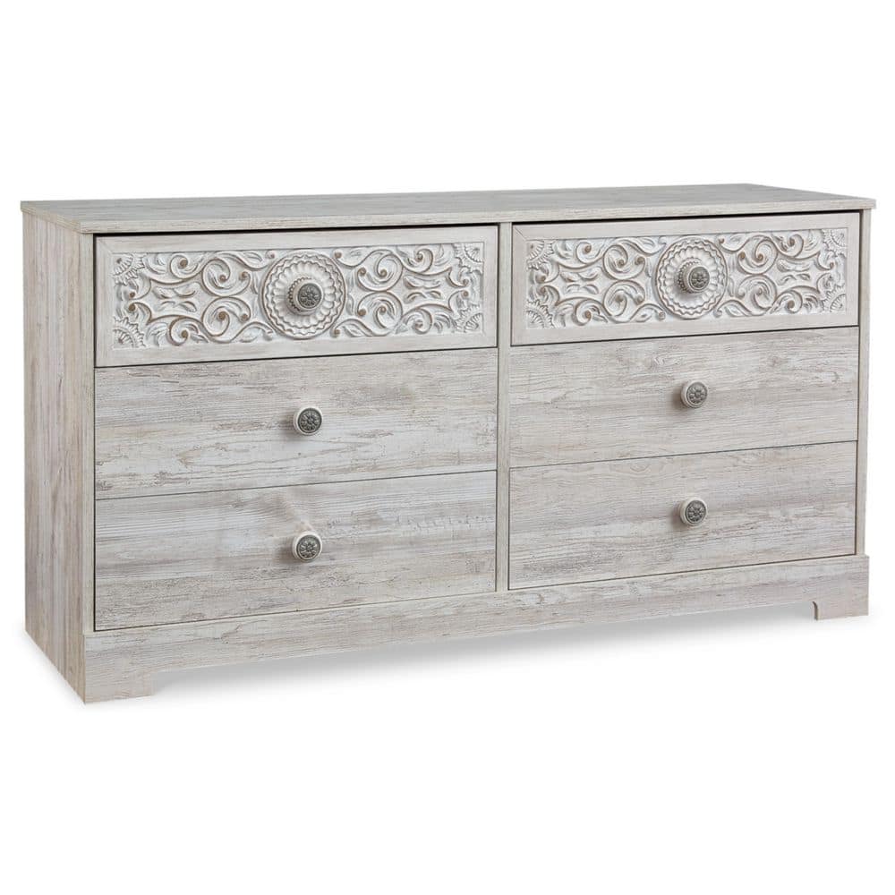 Whitewash Bohemian 6-Drawer Dresser with Medallion Pulls