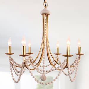6-Light Gold Finish French Country Wood Bead Candle Style Chandelier