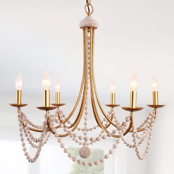 Bella Depot 6-Light Gold Finish French Country Wood Bead Candle Style Chandelier