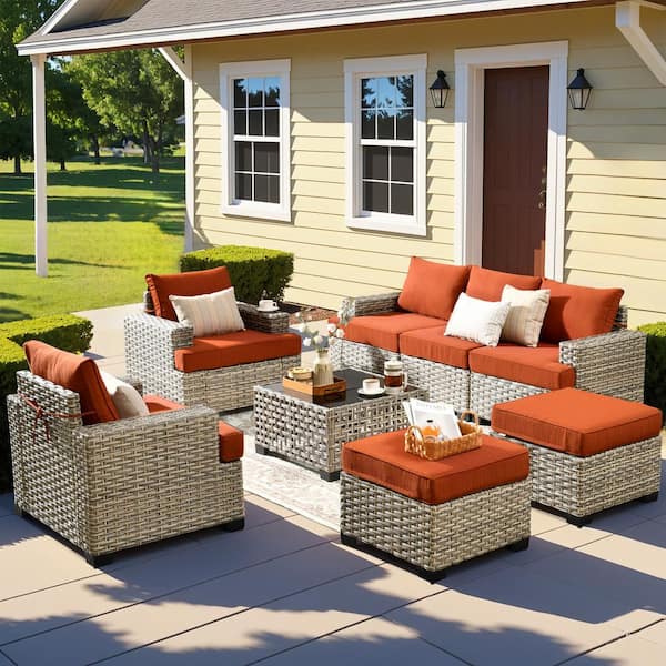 Merritt 8-Piece Wicker Outdoor Furniture Patio Conversation Sofa Seating Set with a LED Table and Orange Red Cushions