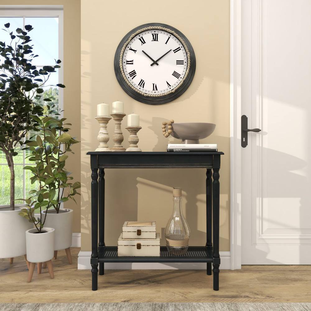 Black Wood Console Table with Glass Shelf and Storage