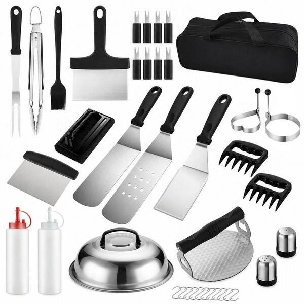 38-Piece Grill Tools Set for Outdoor Barbecue, Griddle Spatula Set with Tongs, Smash Burger Press, Carry Bag, Black