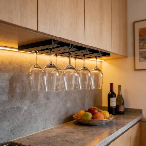 4 Pack Black Under Cabinet Wine Glass Rack Stemware Rack Stemware Organizer, Self-Adhesive Punch-Free Space Saving