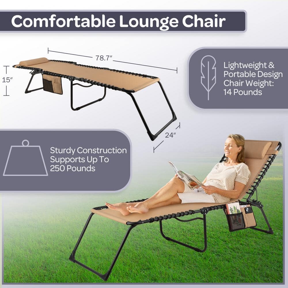Beige Textilene and Iron Folding Outdoor Chaise Lounge Chair