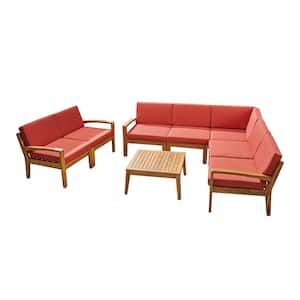 Grenada Teak Brown 8-Piece Wood Outdoor Patio Conversation Set with Red Cushions