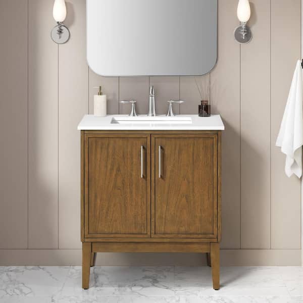 Kira 30 in. Freestanding Warm Walnut Bath Vanity with White Engineered Stone Top and Brushed Nickel Hardware