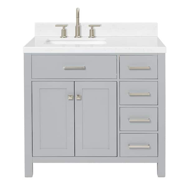 Bristol 36.25 in. W x 22 in. D x 36 in. H Single Sink Freestanding Bath Vanity in Gray with Carrara White Quartz Top