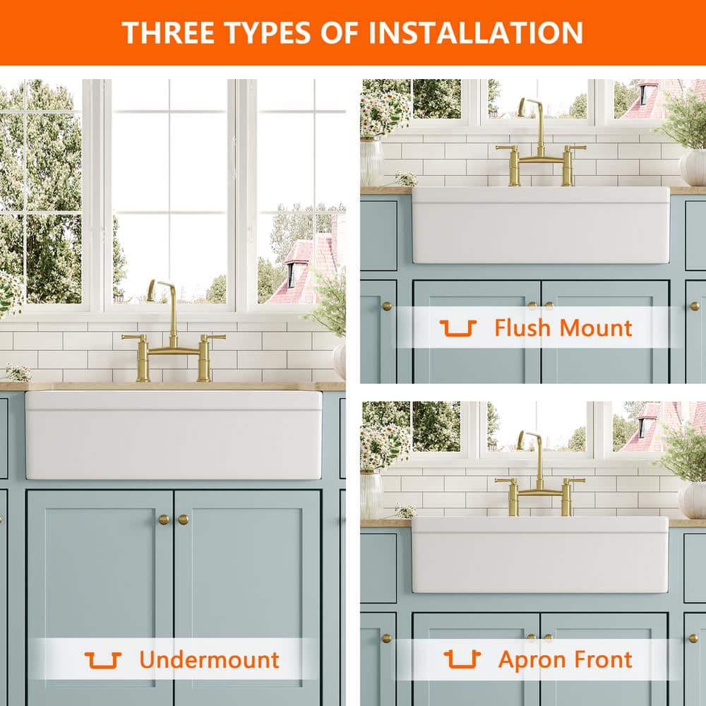 33" White Fireclay Double Bowl Farmhouse Kitchen Sink with Accessories