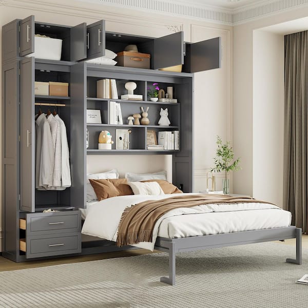 Harper & Bright Designs Gray Wood Frame Queen Size Wall Murphy Bed with Top Cabinet, Shelves and Wardrobe