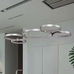 Capella 80-Watt ETL Certified Integrated LED Silver Chandelier 50 in. Pendant Light with 5 LED Circles