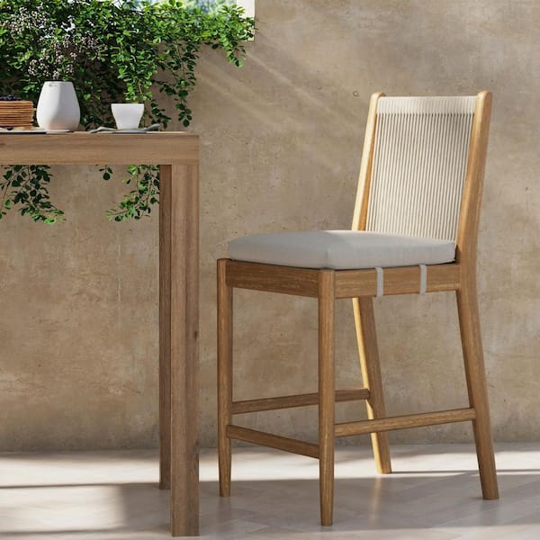 Kayden Light Brown Solid Wood Outdoor Bar Stool Counter Height with Light Gray Cushion and Woven Rope Backrest