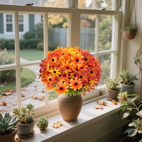 フラワーガーデンプリントクロスロゴブラトップ、クリームオレンジ　Mサイズ 15 in. Orange Artificial Fall Chrysanthemum Flowers LINBQ114 - The