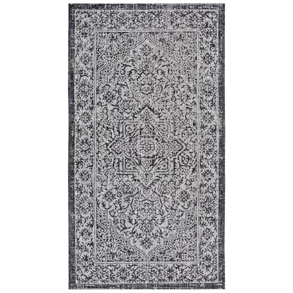 Courtyard Slate/Gray 3 ft. x 5 ft. Border Medallion Floral Indoor/Outdoor Area Rug