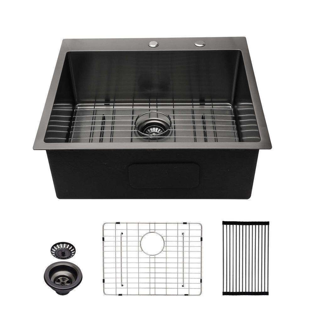 25 in. Drop-in/Topmount Single Bowl 16-Gauge Gunmetal Black Stainless Steel Round Corner Kitchen Sink with Bottom Grid price history on PriceWatchPro
