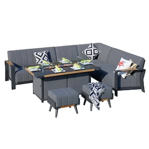 Lris 7-Piece Aluminum Patio Fire Pit Sectional Seating Set with Gray Thickened Cushions and Stools