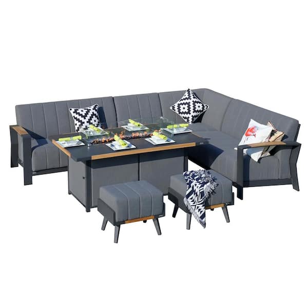 DIRECT WICKER Lris 7-Piece Aluminum Patio Fire Pit Sectional Seating Set with Gray Thickened Cushions and Stools