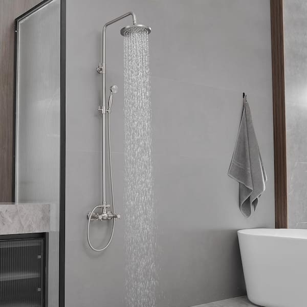 2-Spray Wall Slid Bar Round Rain Shower Faucet with Hand Shower 2 Cross Handles Mixer Shower System Taps in Nickel