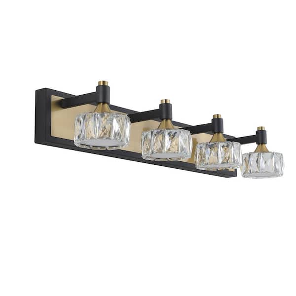 VEVETTA 27.6 in. Black Brass LED 4-Light Bathroom Vanity Light Bath Wall Lighting with Crystal Shades