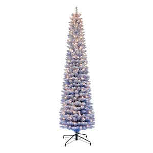 6.5 ft. Pre-Lit Flocked Fashion Blue Pencil Artificial Christmas Tree, 356 Tips, 200 UL Clear Incandescent Lights