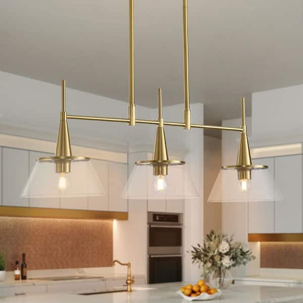 Modern 3-Light Linear Brass Chandelier for Dining Room E26 Kitchen Island Pendant Light with Seeded Glass Shade
