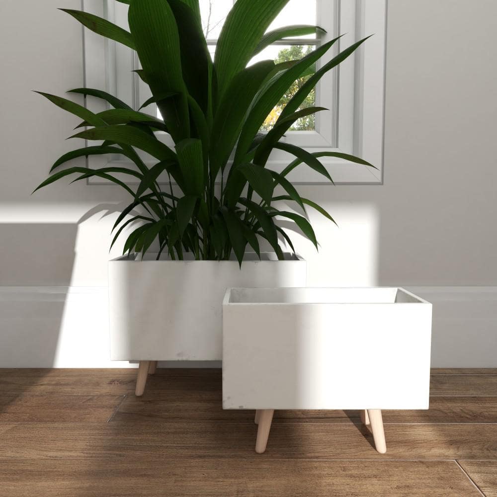White Fiber Clay Rectangular Planters with Wood Legs, Set of 2