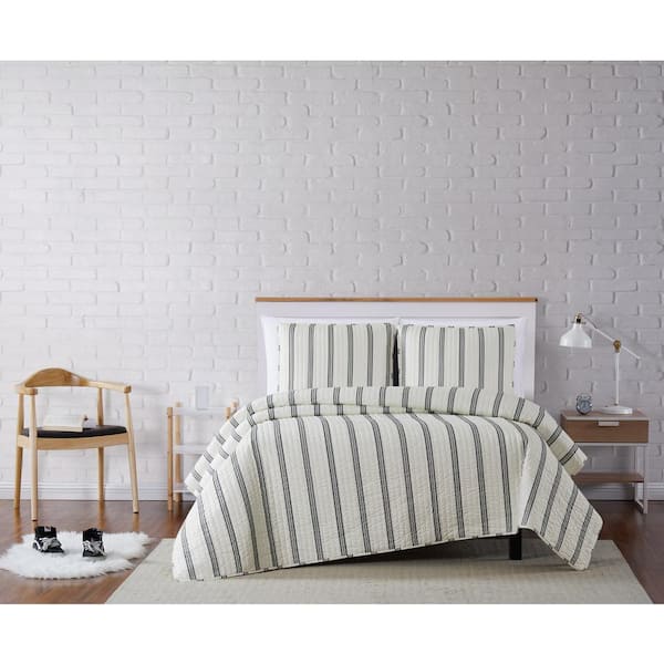 Truly Soft Millennial Stripe Ivory and Black Full/Queen 3-Piece Quilt Set